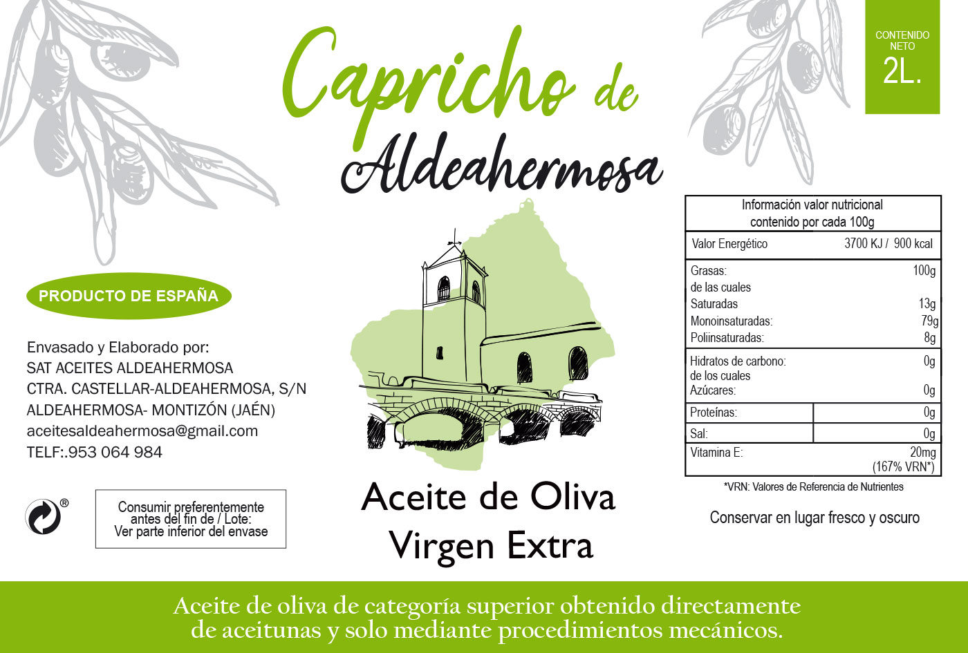 Aceite de Oliva Virgen Extra Recolección Temprana Botella de Pet de 2 litros 